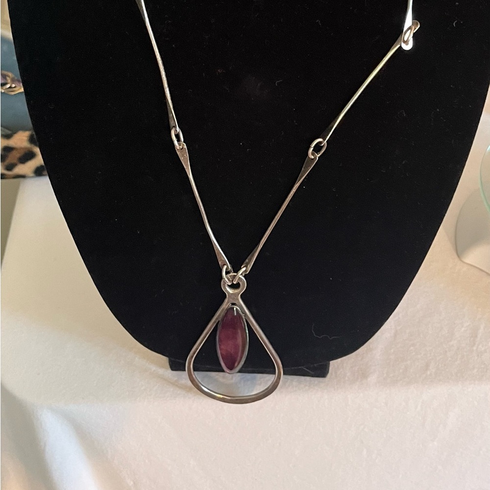 Silver long necklace with purple acrylic pendant